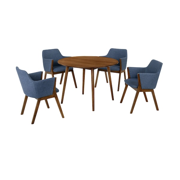 Armen Living Arcadia and Renzo 42" Round Blue and Walnut Wood 5 Piece Dining Set SETARDI5REWABLU42 - main